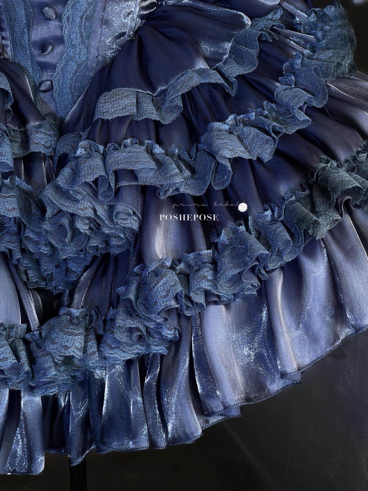 Opulent navy satin lolita gown inspired by Rococo and Victorian elegance.