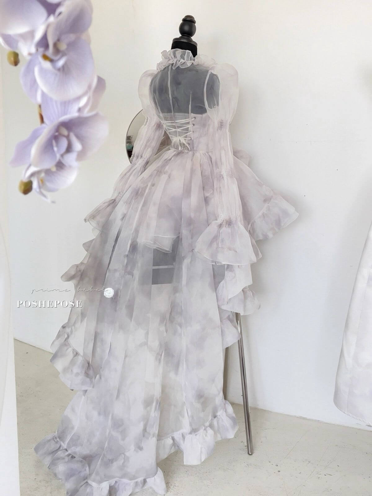 Poshepose Global lilac organza dress set with long ruffle-trimmed cape.