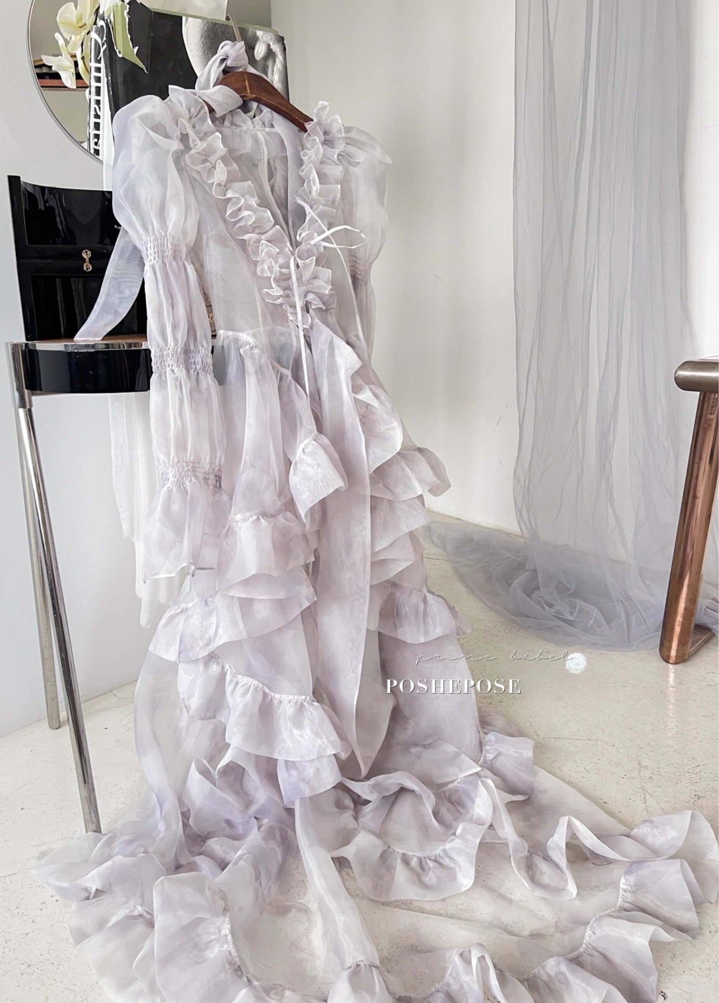 Handmade pastel lolita outfit with puffed shoulders and flowing cape design.