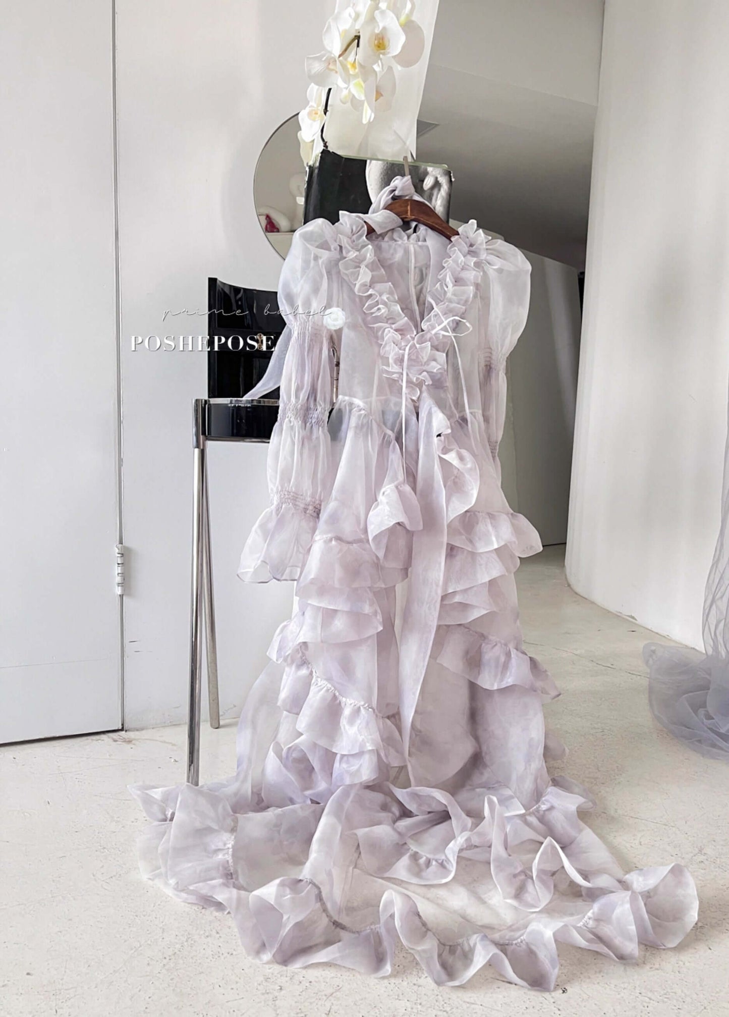 Victorian-inspired Iris cape dress in lavender and white tones by Poshepose.