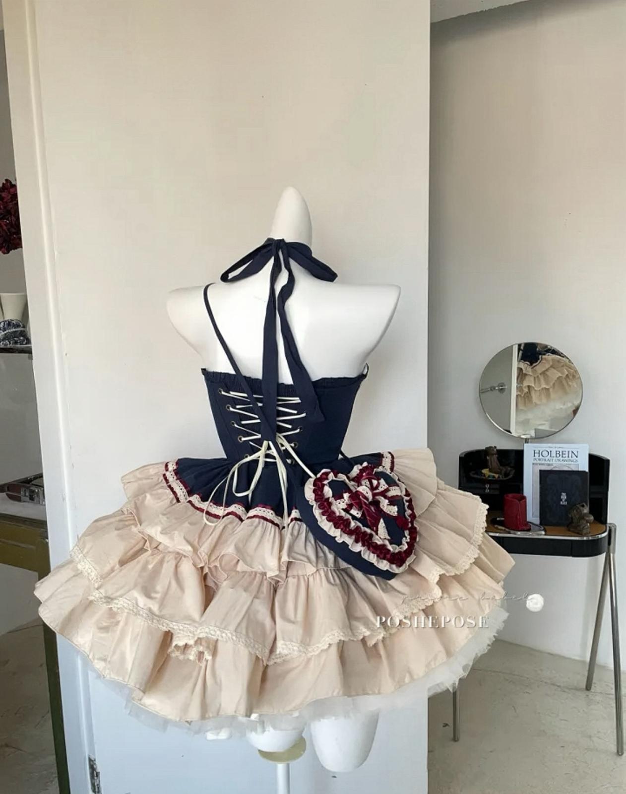 Classic fairycore dress set with heart-shaped bag and layered frills in cream tones.