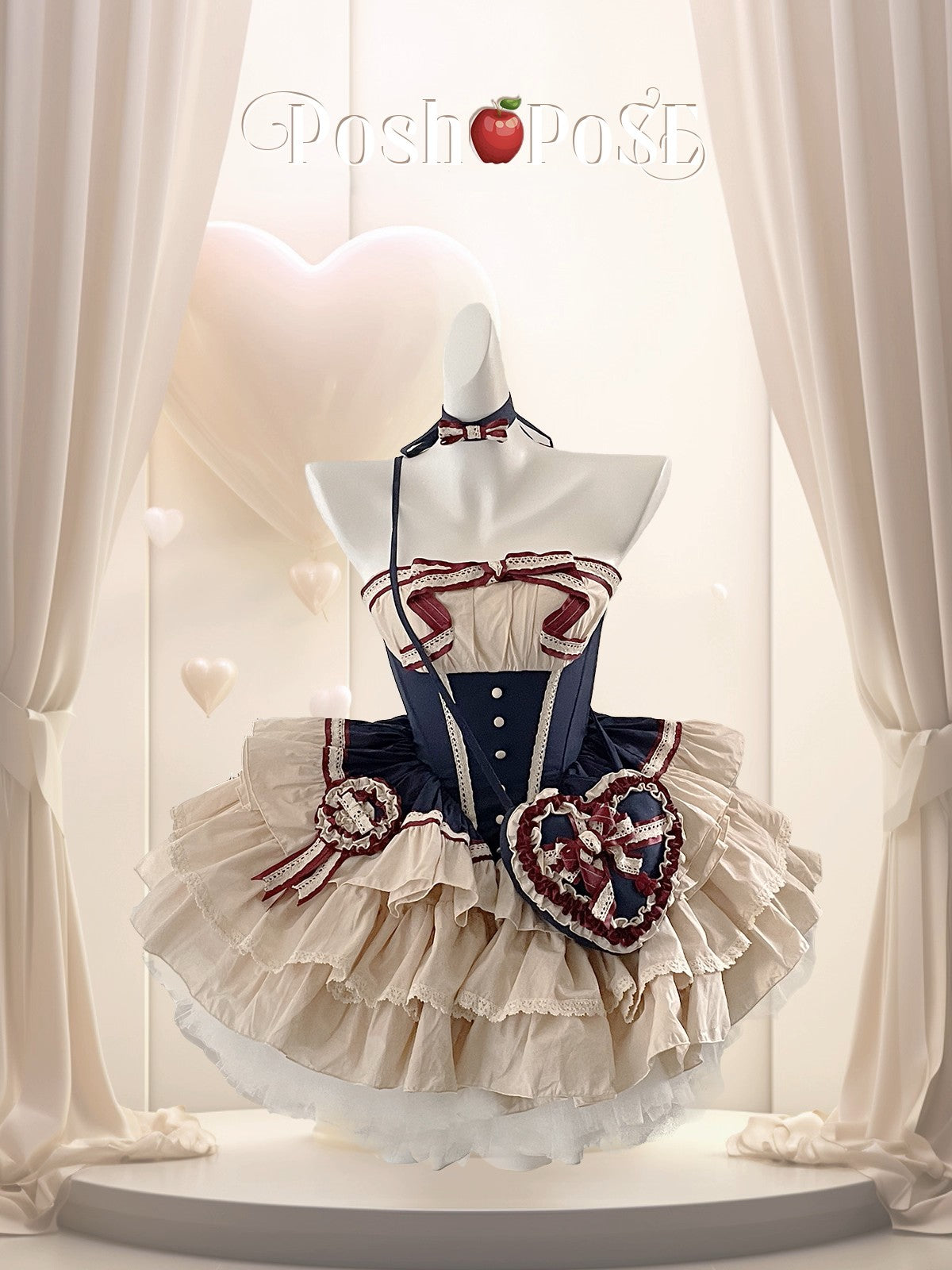 Snow White Heart Dress Set featuring lace-trimmed corset and multi-layered skirt.