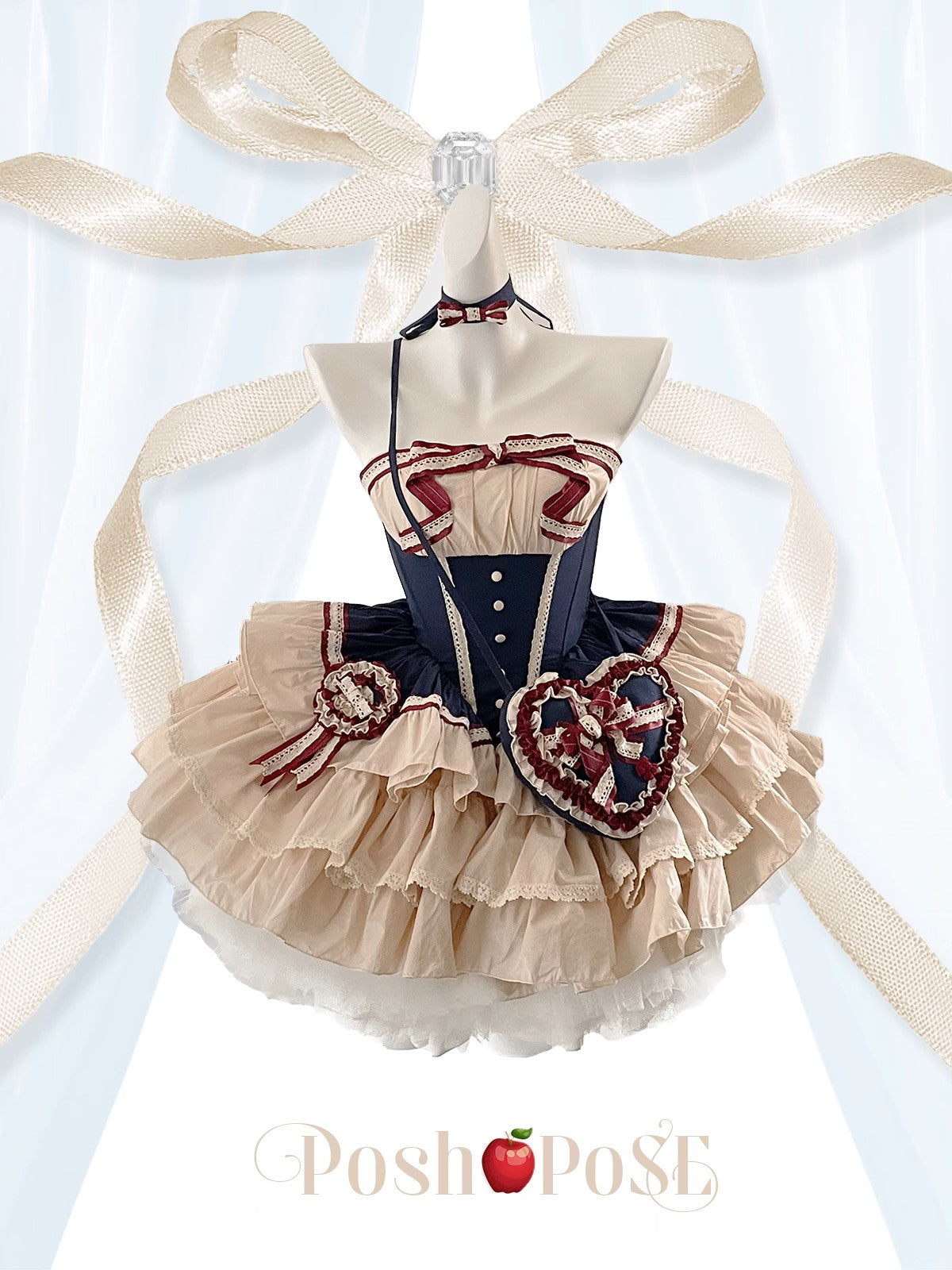 Fairy-tale lolita dress in cream and navy with heart-shaped bag and vintage ribbon accents.