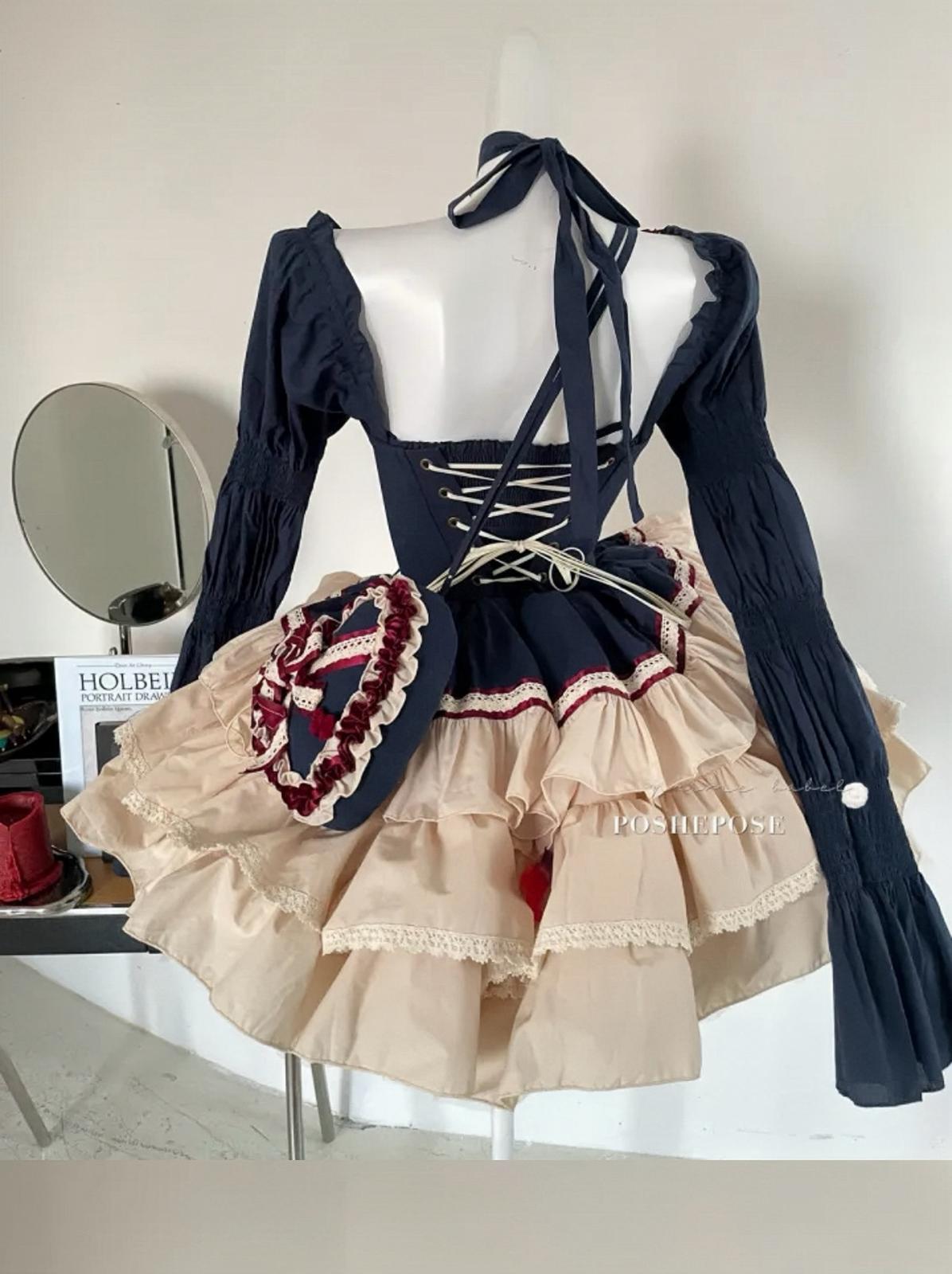 Classic fairycore dress set with heart-shaped bag and layered frills in cream tones.