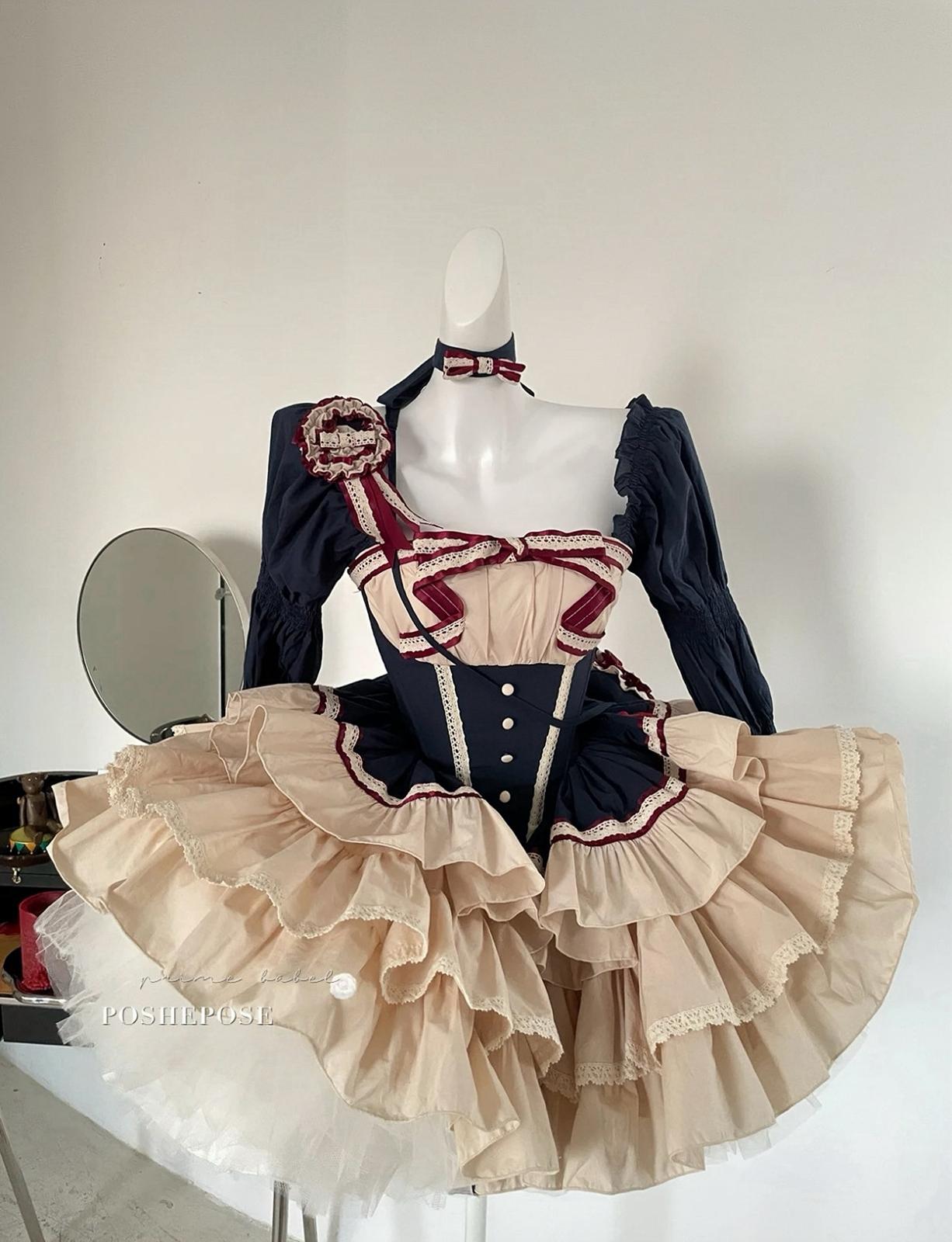 Snow White-inspired lolita dress with navy accents and frilly heart purse by Poshepose.