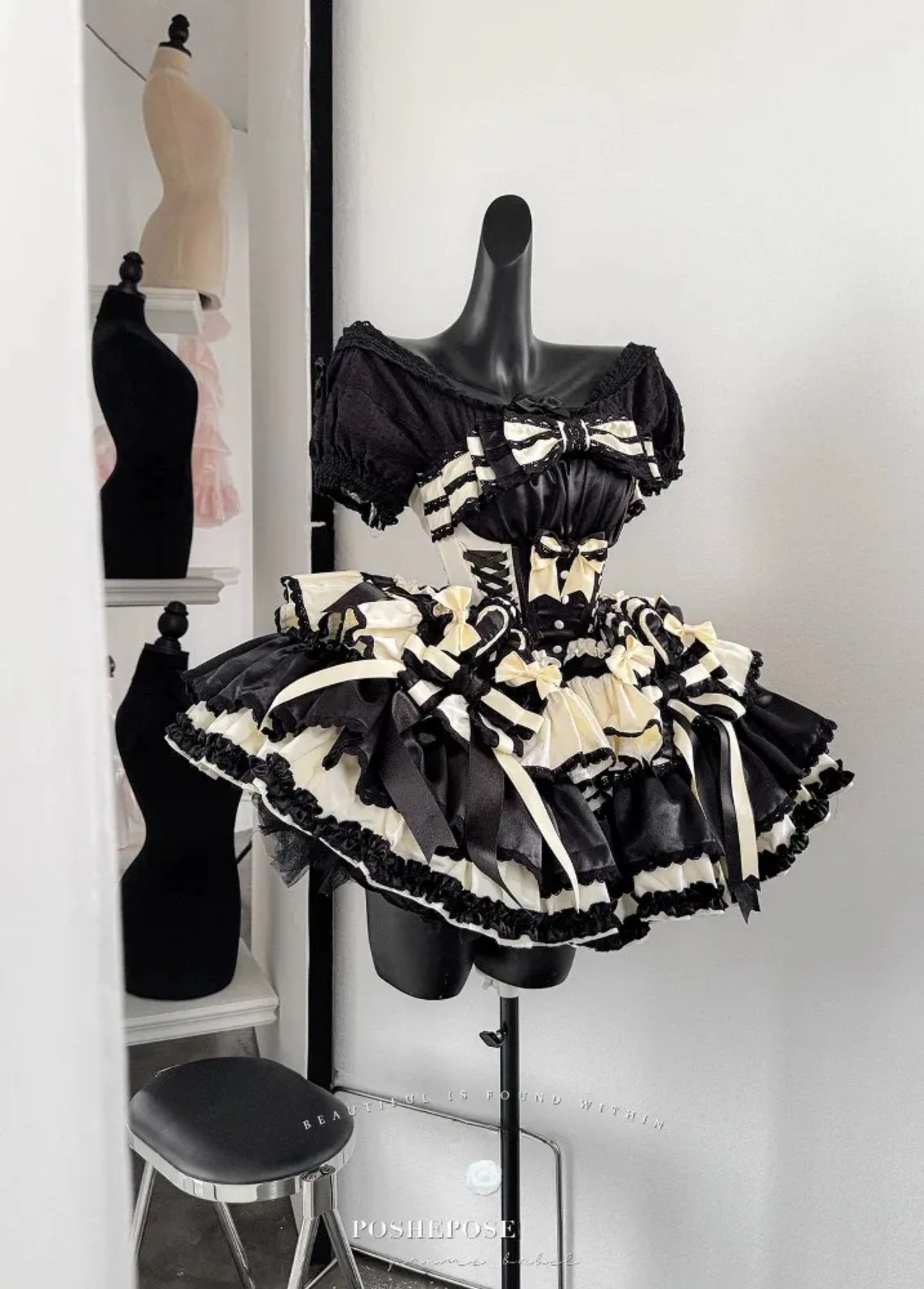 Sweet Dream Black Dress corset-style bodice detail, gothic idol dress by Poshepose Global.