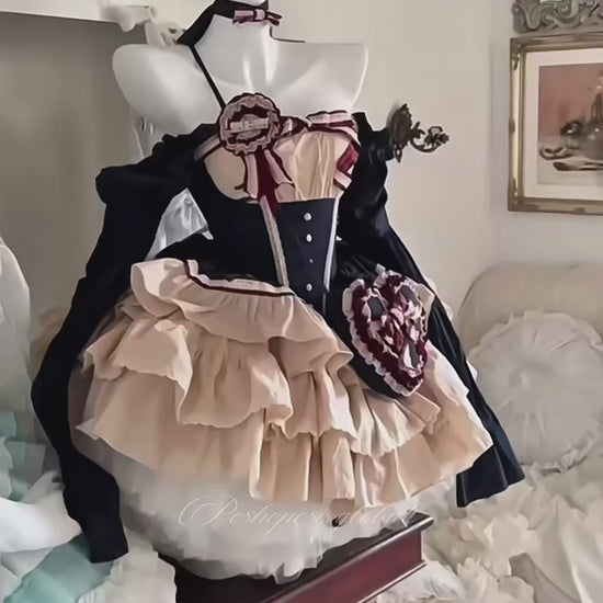 Poshepose Global lolita couture dress with navy blue bodice, red ribbon bows, and heart details.