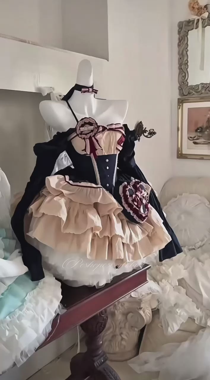 Poshepose Global lolita couture dress with navy blue bodice, red ribbon bows, and heart details.