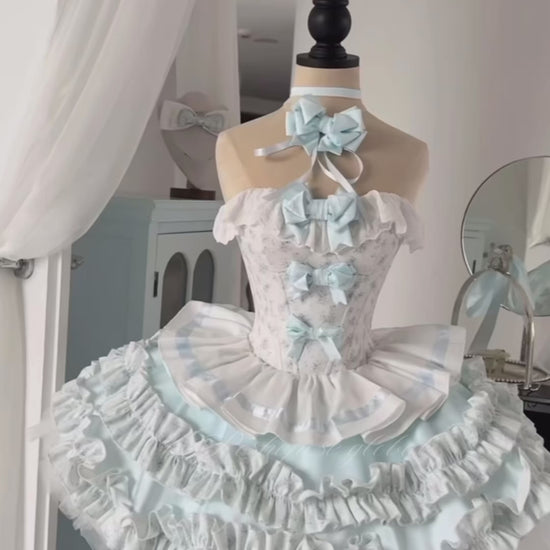 Blue and cream dollcore dress with puff sleeves - Reborn Edition.