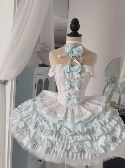 Blue and cream dollcore dress with puff sleeves - Reborn Edition.
