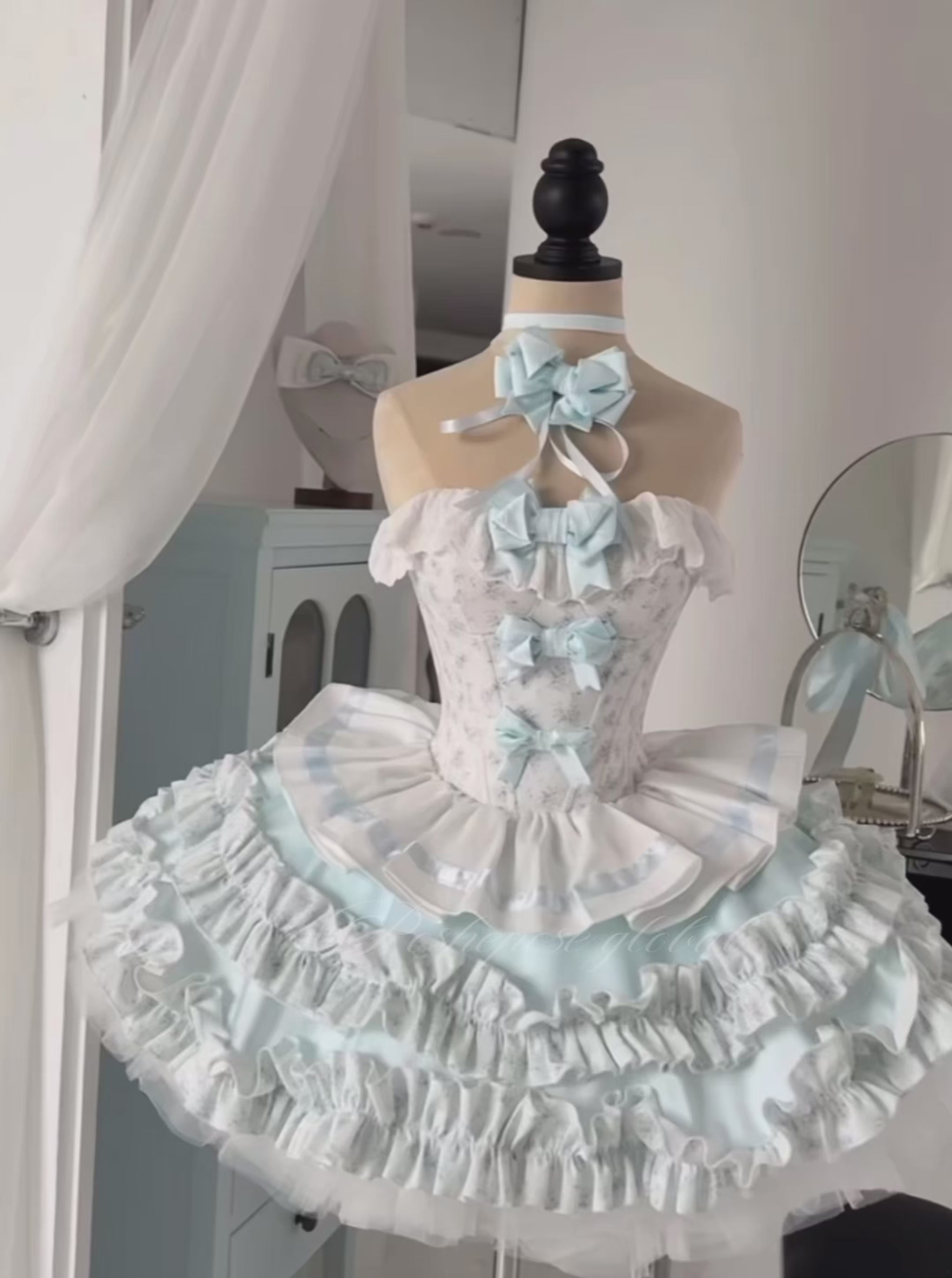 Blue and cream dollcore dress with puff sleeves - Reborn Edition.