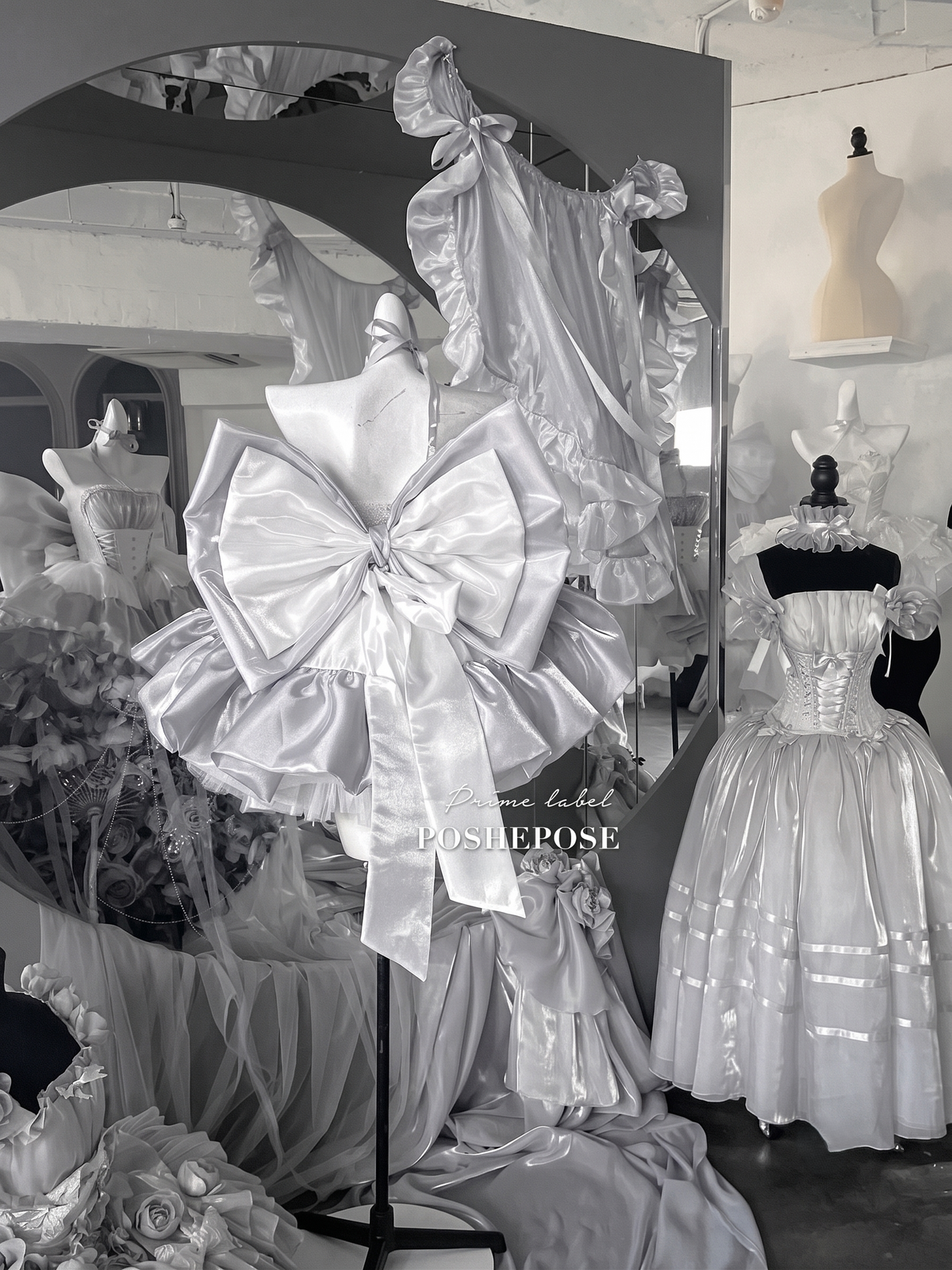Voluminous silver white Lolita skirt with multiple satin ruffle layers