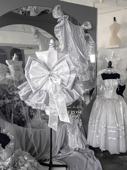 Voluminous silver white Lolita skirt with multiple satin ruffle layers