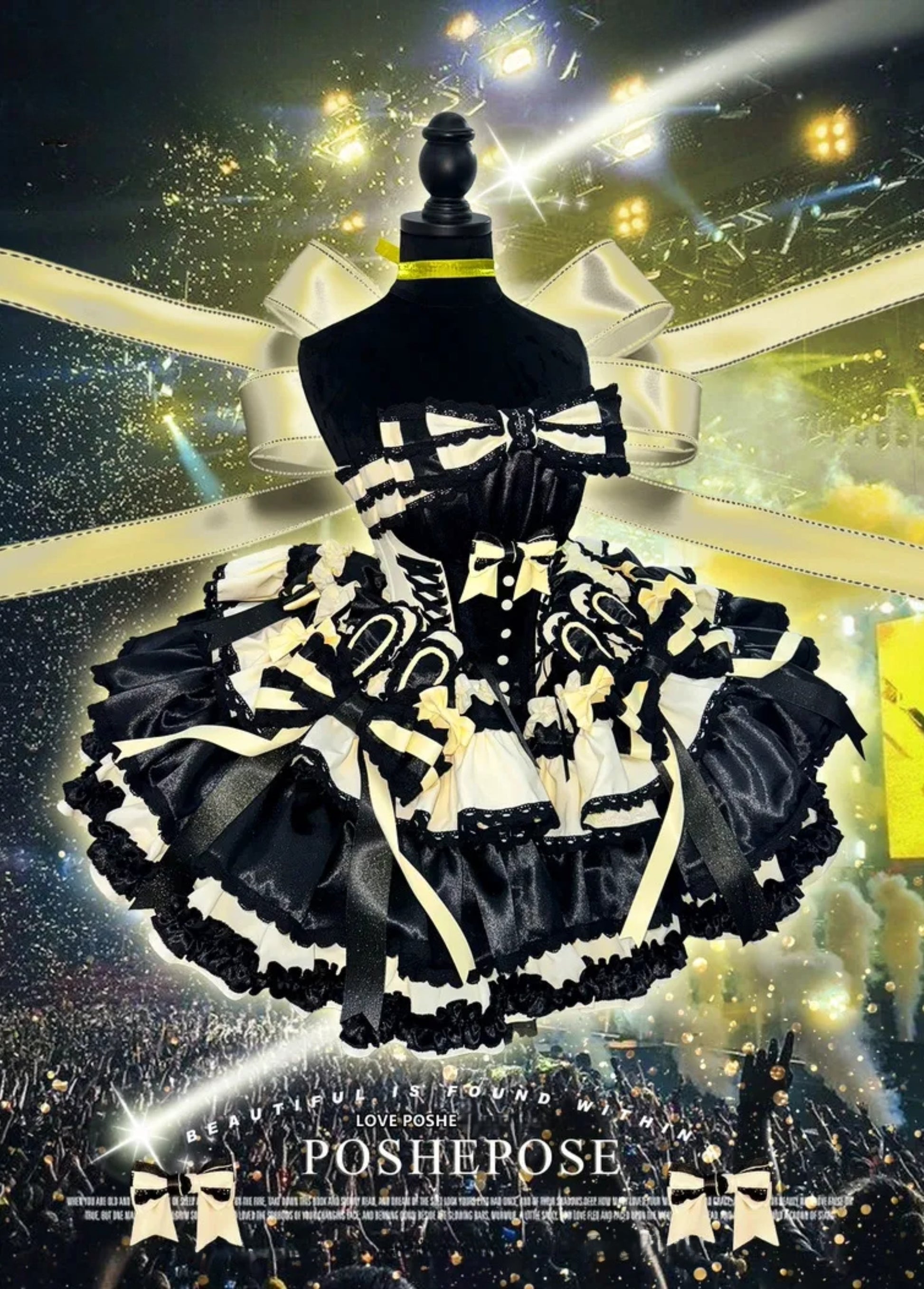 Close-up of yellow bow detailing on Sweet Dream Black Dress, Poshepose Global premium idol Lolita fashion.