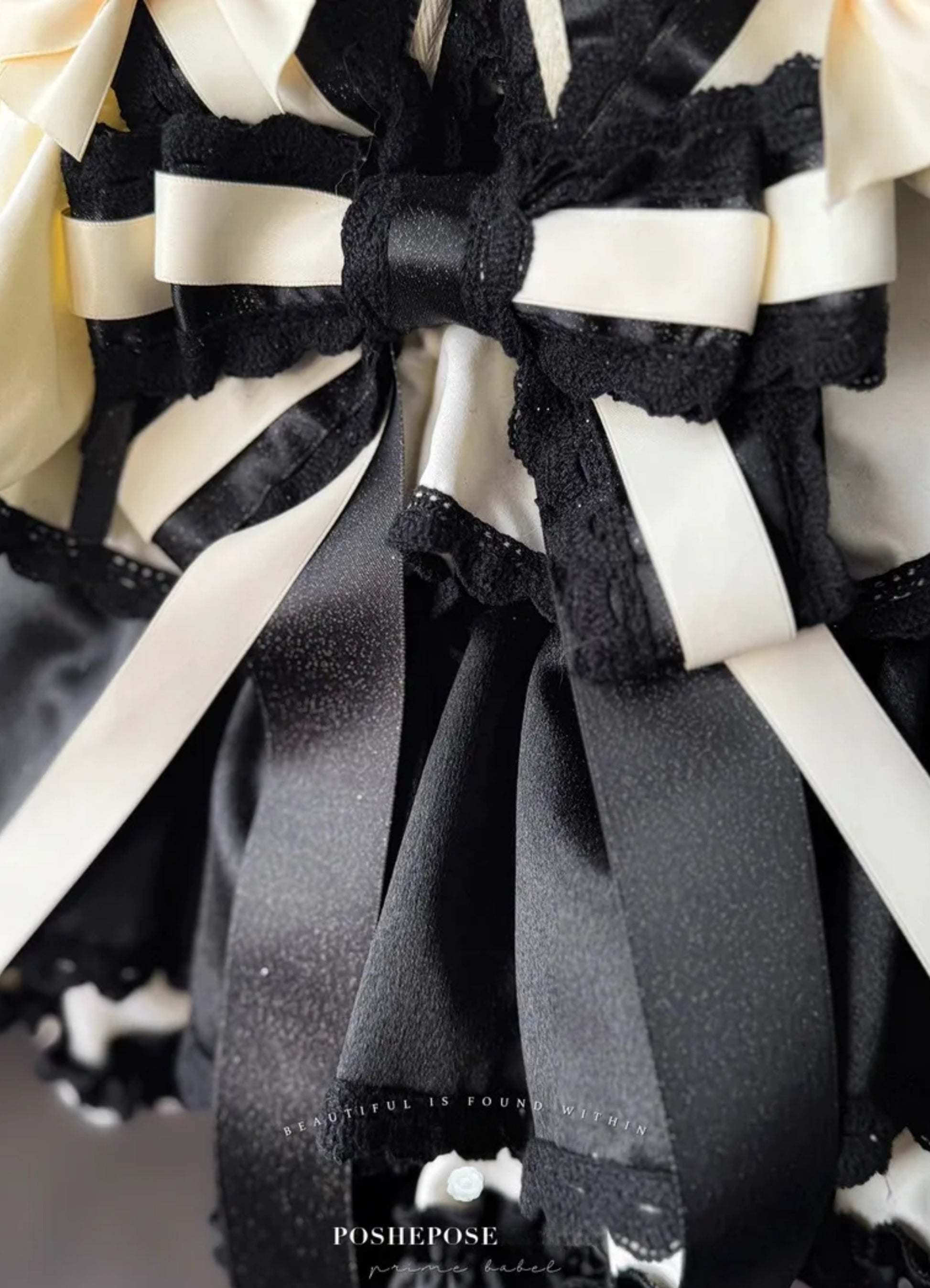 Sweet Dream Black Dress flatlay with yellow bow details, black satin idol dress by Poshepose Global.