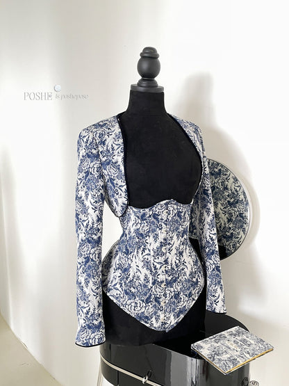 Rococo Laurel Poem Structured Corset in Caviar Blue - PoshePose Global